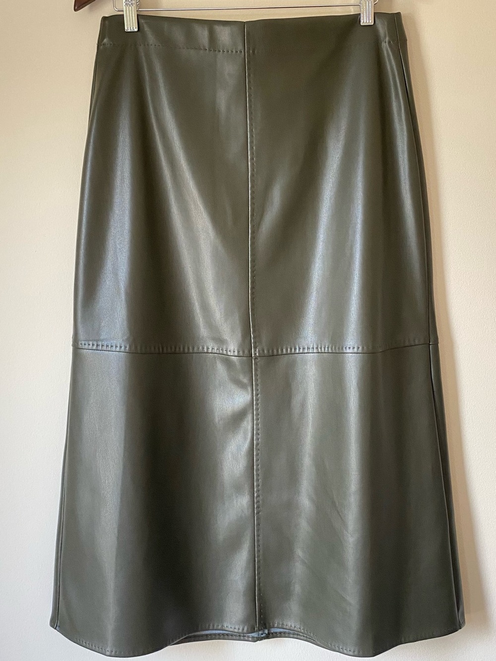 Max Studio Olive Faux Leather Midi Skirt A Line 90s Minimalist Office Chic NWT L